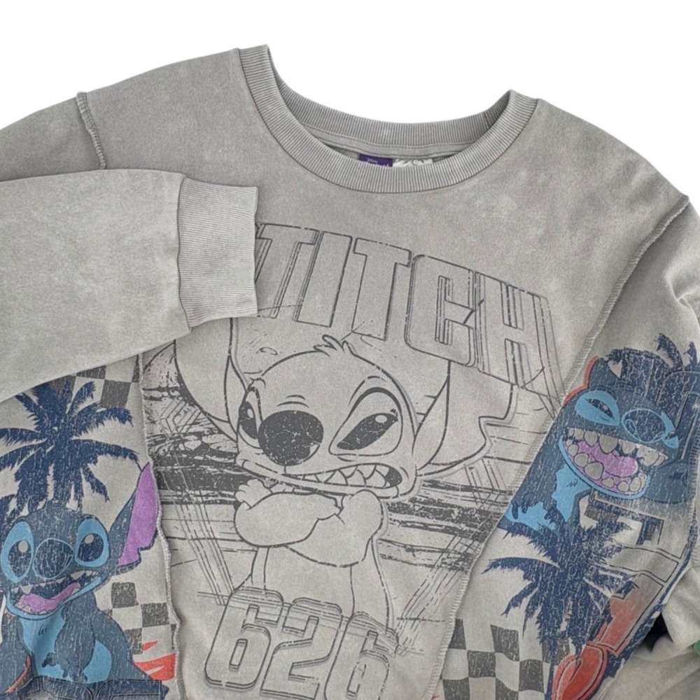 Disney Stitch 626 Mens Graphic Sweatshirt Gray Paneled Crewneck Pullover Medium